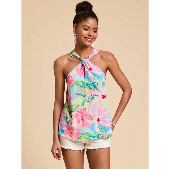 Tropical Print Multicolor Halter Top - Picture 6 of 9